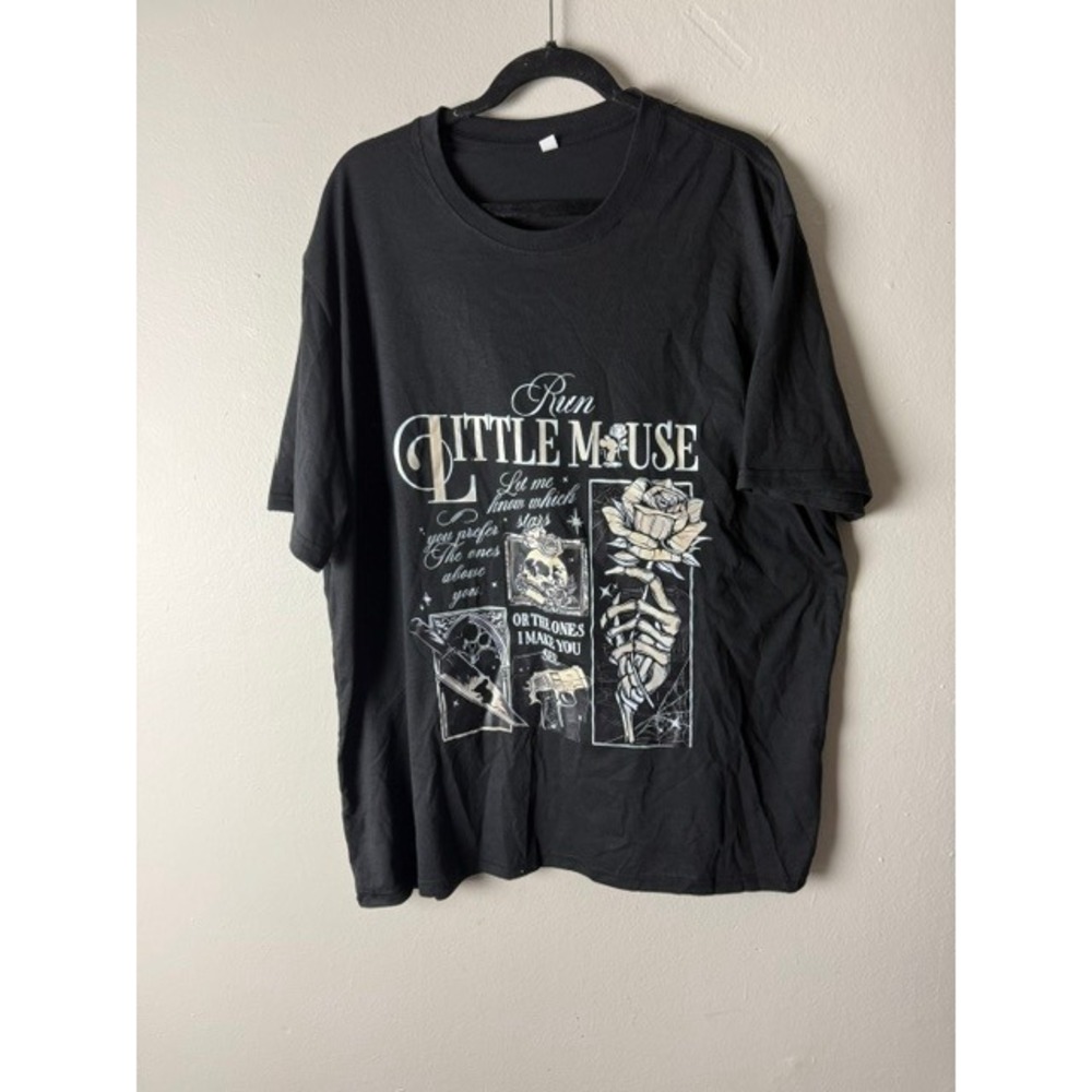 Run Little Mouse Gothic Graphic Tee Black 3XL Short Sleeve Skeleton Rose Shirt